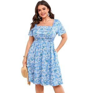 Coolmee -  Summer Plus Size Midi Dresses for Women Ca Blue White